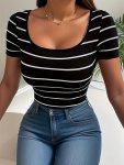 Stripe Print Crew Neck T-Shirt Y2K Short Sleeve Crop T-Shirt For Spring & Summer Women's Clothing