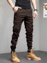 Men's Solid Cargo Cropped Pants With Multi Pockets Slim-fit Barrel Joggers For Outdoor Activities