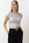 Metallic Look Crop Blouse - Silver