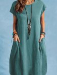 Batwing Sleeve Solid Dress Elegant Crew Neck Dress With Double Pockets For Summer & Spring Women's Clothing