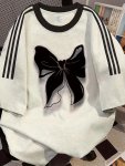 Bow Print Short Sleeve Striped T-Shirt Casual Crew Neck Top For Spring & Summer Women's Clothing
