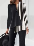 Stripe Print Button Front Asymmetric Blouse Elegant Long Sleeve Top For Spring & Fall Women's Clothing