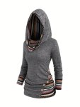 Stripe Splicing Button Decor Hoodie Casual Long Sleeve Hoodie Women's Clothing