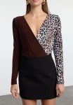 Brown Animal Pattern Double Breasted Snap Knitted Body