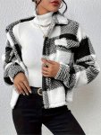 Plaid Button Front Teddy Coat Casual Flap Pocket Long Sleeve Coat For Fall & Winter Women's Clothing