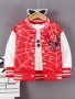 Boys Stylish Cool Spider Web Print Long Sleeve Jacket Color Block Drop Shoulder Varsity Baseball Jacket Without Hoodie