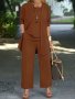 Women's Casual Polyester Knit Pantsuit Set With Crew Neck And Solid Color Open Front Cardigan And Wide Leg Trousers