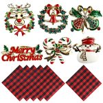 12 Pcs Christmas Napkin Rings Cloth Set 6 Pieces Napkin Holder Rings With 6 Pieces Solid Color Dinner Napkins For Party Thanksgi