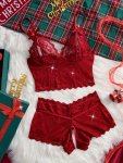 Sexy Floral Lace Lingerie Set Hollow Out Bow Knot Bra & Open Crotch Boyshort Panties Women's Sexy Lingerie & Underwear