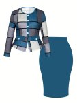 Plus Size Casual Spring Skirt Set Geo Print Button Decor Split Front Crew Neck Long Sleeve Top & Solid Color Skirt Outfits Women
