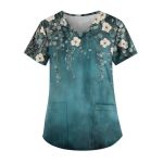 Scrubs For Women V Neck Short Sleeve Printed Tops Cartoon Pattern Plus Size Nursing With Pockets Greens 5XL