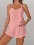 Pompom Solid Pajama Set V Neck Cami Top & Ruffle Shorts Women's Sleepwear & Loungewear