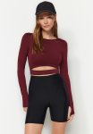 Crop Window cut Out And Knitted Sports Top blouse - Burgundy