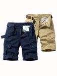 2 Pcs Men's 100% Cotton Solid Cargo Shorts With Multi Pockets Casual Shorts For Summer