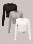 3 Packs Solid Crew Neck T-Shirt Casual Long Sleeve T-Shirt For Spring & Fall Women's Clothing