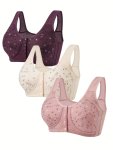 3PCS Floral Print Front Button Bra Comfy & Breathable Wireless Bra Women's Lingerie & Underwear