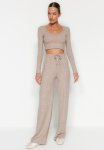 Soft Crop And Wide Leg Knitted Top And Bottom Set - Beige