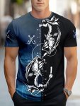 Men's Fashion Casual Crew Neck T-Shirt With Fishing Print 100% Polyester Knit Fabric Regular Fit Animal Pattern Tee With Slight