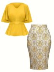 Plus Size Floral Print Two-piece Skirt Set V Neck Short Sleeve Cinched Waist Top & High Waist Slim Skirts Outfits Women's Plus S
