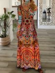 Ethnic Floral Print Dress Boho V Neck Long Sleeve Maxi Dress Women's Clothing