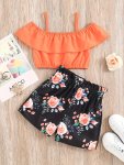 2PCS Toddler Girls Ruffle Trim Cold Shoulder Crop Top & Flowers Graphic Shorts Set Kids Summer Clothes Gift