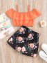 2PCS Toddler Girls Ruffle Trim Cold Shoulder Crop Top & Flowers Graphic Shorts Set Kids Summer Clothes Gift