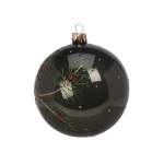 Xmas Ball Glass 10CM Decorated With Green And Red Colour Glitter Holly Design - Pearl Green