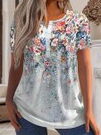 Plus Size Floral Print Buttons T-Shirt Casual Crew Neck Short Sleeve T-Shirt Women's Plus Sizeclothing