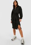 Half Zip Midi Belted Sweatshirt Dress - Black