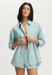 Cotton On Poplin Long Sleeve And Short Sleep Set - Blue & Green Stripe