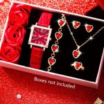 Fashionable Square Case Quartz Wrist Watch For Women With Pu Leather Strap And Matching 5-PIECE Heart-shaped Jewelry Set - Elega
