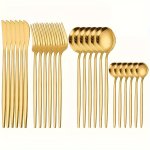Elegant 8 24PCS Golden Cutlery Set - Includes Steak Knives Salad Forks Dinner Spoons & Dessert Spoons - Mirror Polished Stainles