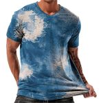 Short Sleeve Tops For Men Trendy Casual V Neck Fitted T Shirt Vintage Abstract Art Blue Ink Wash Print Basic Tees Lightweight Co
