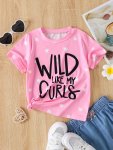 Toddler Girls Cute 'wild Like My Curls' Letter Graphic Tee Casual Crewneck Short Sleeve T-Shirt Top Kids Summer Clothes