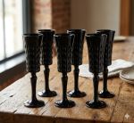 6PC Black Champagne Glasses Diamond Pattern