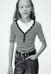 Decorative-placket Ribbed Top - White & Black