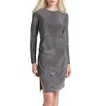 Jewel Neck Ruched Dress -black silver