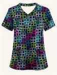 Plus Size Colorful Geometric Print Top Short Sleeve Stretchy V Neck Top Comfortable & Functional Health Care Uniform For Nurse W