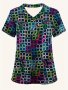 Plus Size Colorful Geometric Print Top Short Sleeve Stretchy V Neck Top Comfortable & Functional Health Care Uniform For Nurse Women's Plus Size Clothing