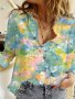 Floral Tie Dye Print Blouse Casual Polo Neck Long Sleeve Button Front Blouse For Spring & Summer Women's Clothing