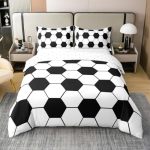 Manfei Twin Size Duvet Cover Boys Football 100% Pure Cotton Bedding Set Soccer Pattern Geometric Check Comforter Cover No Filler