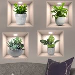 4PCS Set Of Lifelike Green Potted Plant Wall Decals - Waterproof & Oil-proof Removable Pvc Stickers For Living Room Bedroom Stud