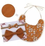 Mustard Floral Reversible Bib And Headbands