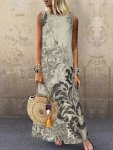 Alloverprint Boat Neck Dress Casual Sleeveless Pocket Maxi Dress For Spring & Summer Women's Clothing
