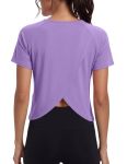 Quenteen Crop Workout Tops For Women Crew Neck Tops Athleitc Gym Exercise Sports Yoga Shirts Purple Medium