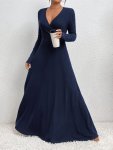 Ribbed Surplice Neck Plain Color Dress Elegant Long Sleeve Wing Maxi Dress For Spring & Fall Women's Clothing