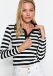 Striped Soft Fabric Fitted Polo Collar Flexible Knitted Blouse With Buttons - Black