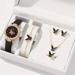 6PCS SET Women's Watch Shiny Butterfly Rhinestone Quartz Watch Analog Pu Leather Wrist Watch & Jewelry Set Gift For Mom Her