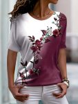 Floral Print Crew Neck T-Shirt Casual Short Sleeve Top For Spring & Summer Women's Clothing