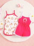 2PCS Cartoon Rainbow Print Infant's Cami Bodysuit Lovely Sleeveless Onesie Baby Girl's Clothing For Summer